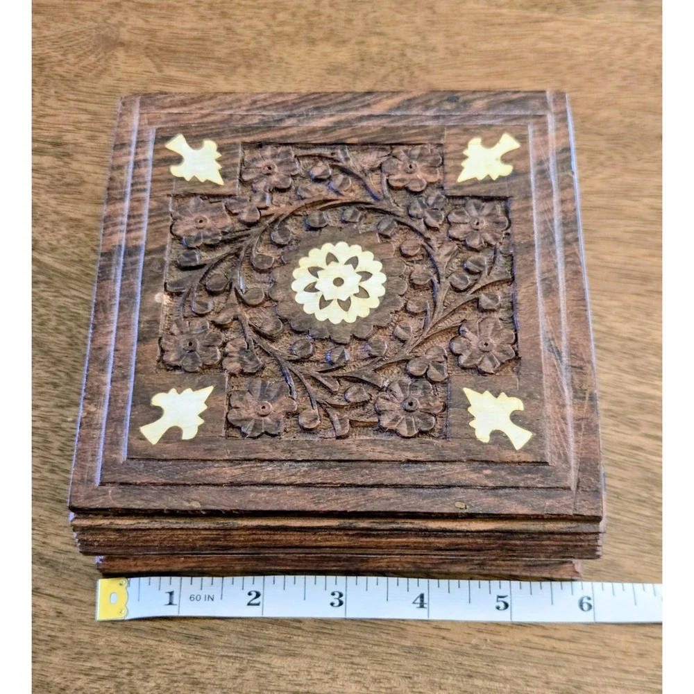 Vintage Intricate Hand-Carved Dark Wood With Light Inlay Jewelery/Trinket Box